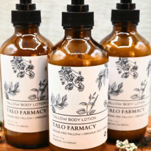 Talo Farmacy tallow lotion in glass jar, available in Vanilla, Frankincense, and Ylang Ylang, natural handmade moisturizer for face and body.